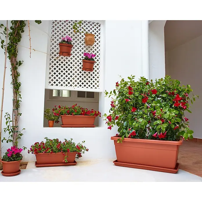 Artevasi Venezia Pflanzkasten XL - Außenmaß (L x B x H): 60 x 30 x 26 cm, Kunststoff, Terracotta - Ein farbenfrohes Arrangement von bepflanzten Töpfen und Kästen schmückt eine sonnige Terrasse mit üppigen Blüten in verschiedenen Farben.