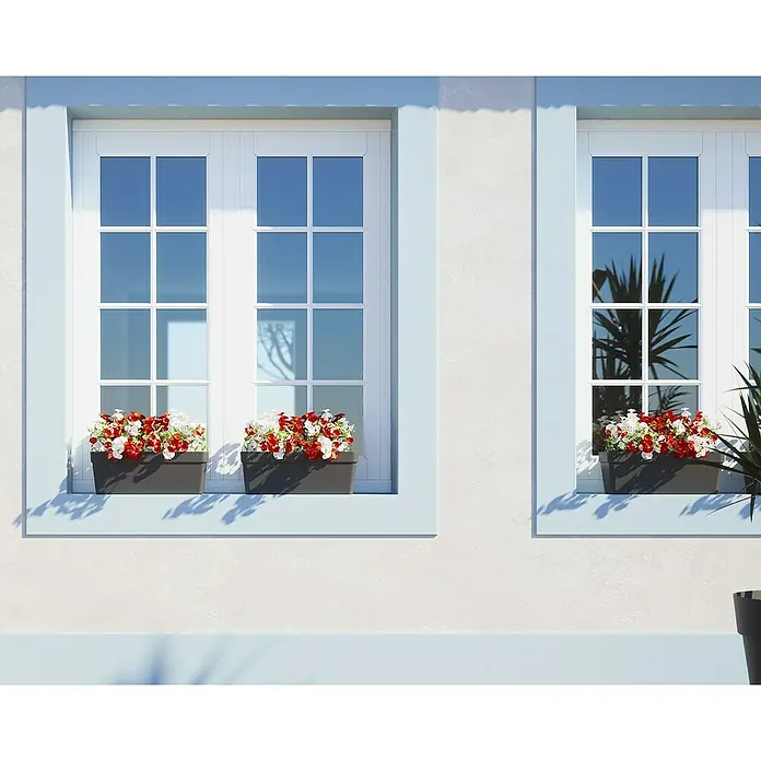 Artevasi Capri Bewässerungsbalkonkasten - Max. Außenlänge: 50 cm, Kunststoff, Anthrazit - Zwei Fenster mit roten und weißen Blumenkästen. Die Fensterrahmen sind blau und das Gebäude ist weiß.