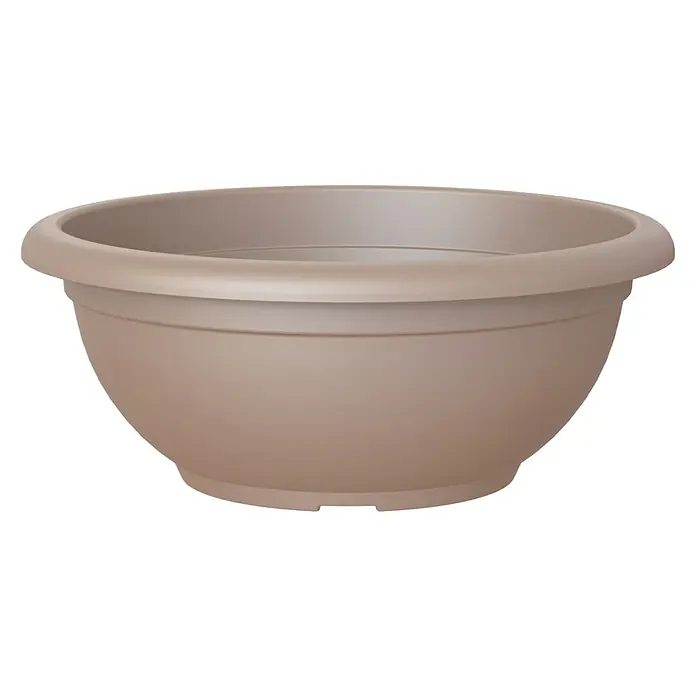 Artevasi Venezia Pflanzschale rund - Außenmaß (Ø x H): 50 x 20 cm, Kunststoff, Taupe - Nahaufnahme eines beigen Pflanzgefäßes mit abgerundeter Form und breitem Rand, ideal für den Innen- und Außenbereich.