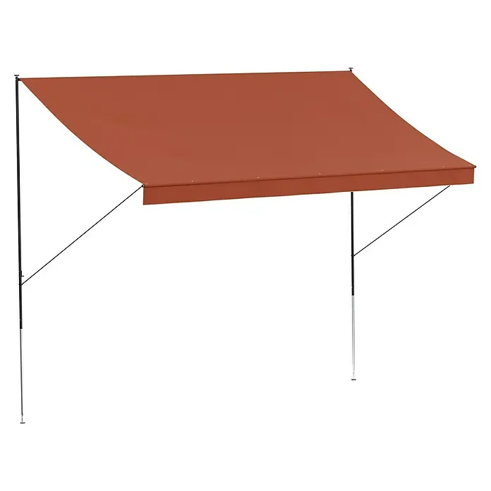 Angerer Klemmmarkise Style Terra - Terracotta, Breite: 3,5 m, Ausfall: 1,5 m - Abbildung einer Markise mit rostbrauner Abdeckung und stabilen Metallstützen, die Schatten und Schutz bietet.