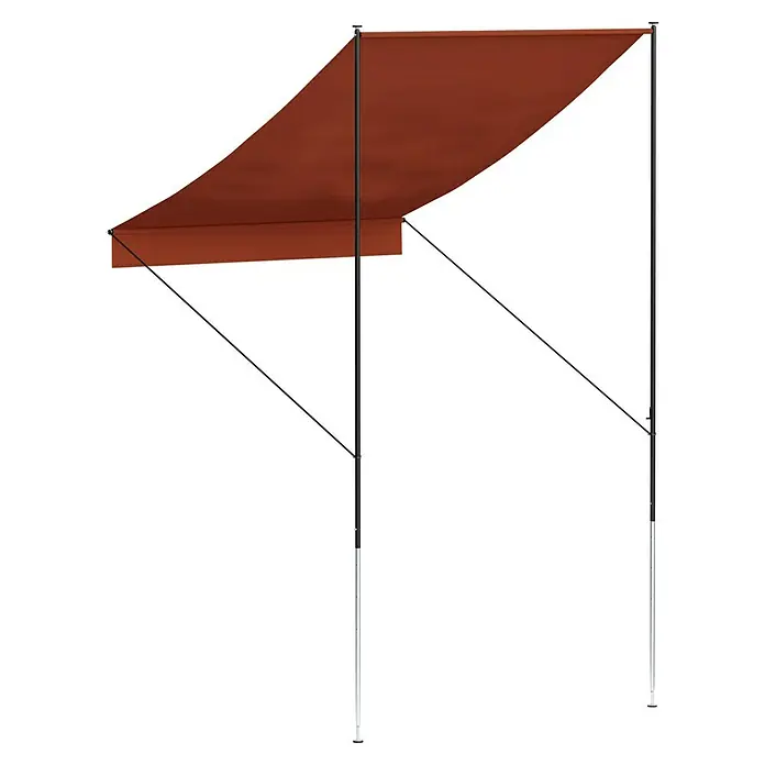 Angerer Klemmmarkise Style Terra - Terracotta, Breite: 1,5 m, Ausfall: 1,5 m - Diese Aufnahme zeigt eine freistehende Terrassenmarkise mit braunem Stoffbezug, die einen angenehmen Schattenplatz im Freien bietet.