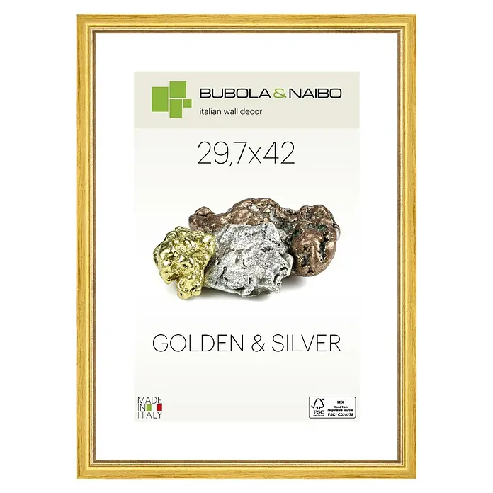 Bubola & Naibo Holzrahmen Marisa 6280 - DIN A3 / 29,7 x 42 cm, Gold - Ein goldfarbener Bilderrahmen mit dem Schriftzug "Golden & Silver" und den Maßen 29,7x42 für stilvolle Wanddekoration.