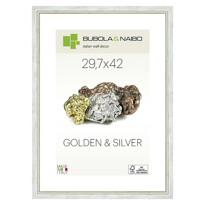 Bubola & Naibo Holzrahmen Marisa 6280 - DIN A3 / 29,7 x 42 cm, Silber - Ein weißer Bilderrahmen mit einem Motiv von Gold- und Silbererz, das die Eleganz des italienischen Designs widerspiegelt.