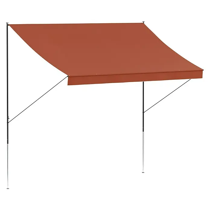 Angerer Klemmmarkise Style Terra - Terracotta, Breite: 3 m, Ausfall: 1,5 m - Abbildung einer ausfahrbaren Markise in Rostrot mit einem stabilen schwarzen Rahmen zur Beschattung von Außenbereichen.