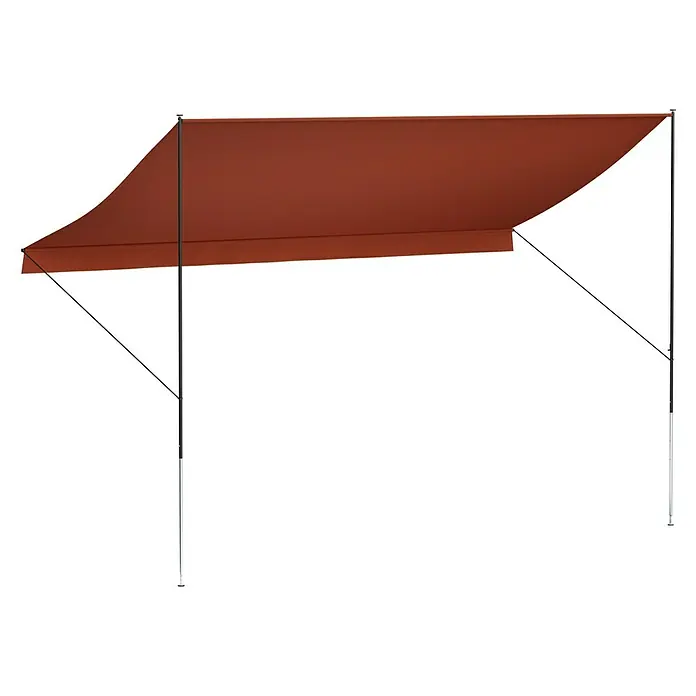 Angerer Klemmmarkise Style Terra - Terracotta, Breite: 4 m, Ausfall: 1,5 m - Eine Terrassenmarkise in Rostoptik mit dunklen Stützpfeilern, die Schatten spendet und vor Sonne schützt, ideal für den Außenbereich.
