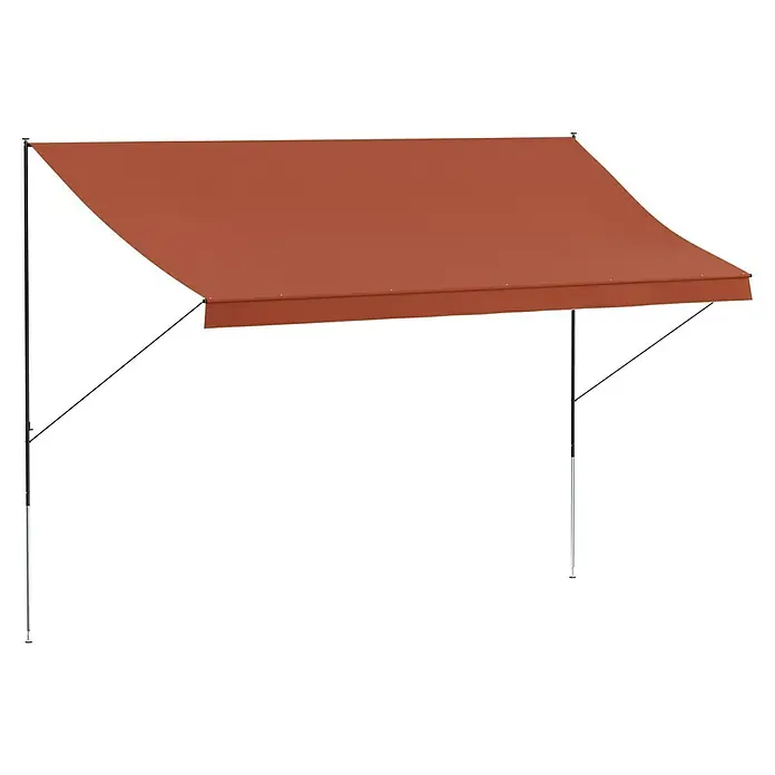 Angerer Klemmmarkise Style Terra - Terracotta, Breite: 4 m, Ausfall: 1,5 m - Diese Aufnahme zeigt eine Markise mit einer braunen Stoffbespannung und einem stabilen, grauen Gestell. Ideal für Schatten und Schutz im Freien.