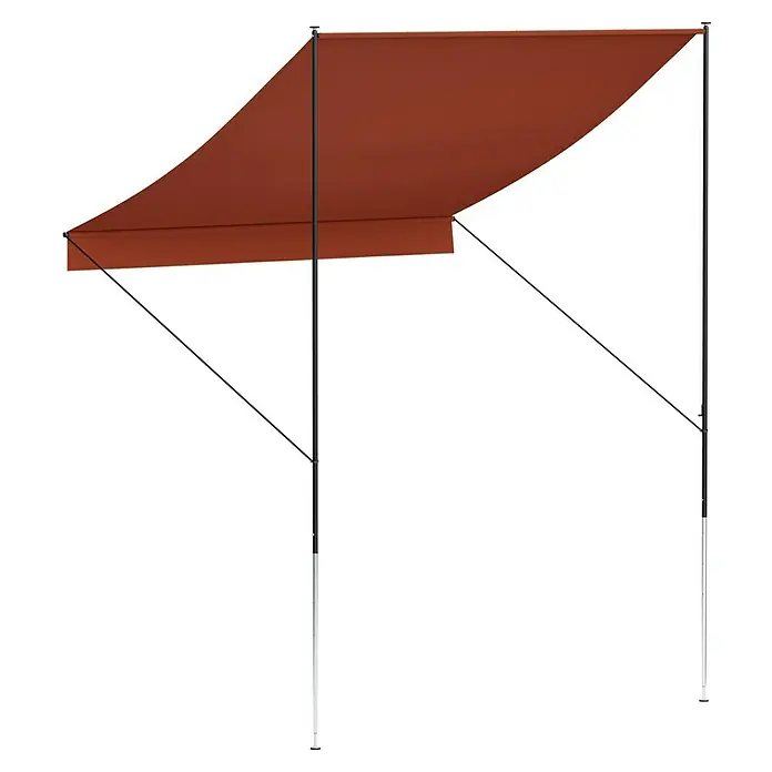 Angerer Klemmmarkise Style Terra - Terracotta, Breite: 2 m, Ausfall: 1,5 m - Abbildung eines freistehenden Sonnenvordachs mit rotem Tuch und stabilen Metallstangen für den Außenbereich.