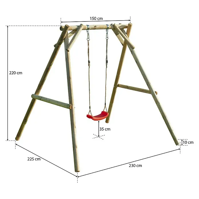 Joda Schaukel Poldi - B x L: 230 x 225 cm, Holz - Abbildung einer Holzschaukel mit roten Sitz und Maßangaben zu Höhe, Breite und Tiefe. Ideal für den Garten.