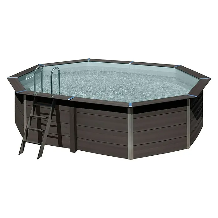 Gre Avantgarde Piscina de WPC - L x An x Al: 524 x 386 x 124 cm, 16.210 l, Gris oscuro - Una piscina octogonal sobre el suelo con escalera, perfecta para refrescarse y divertirse en verano.