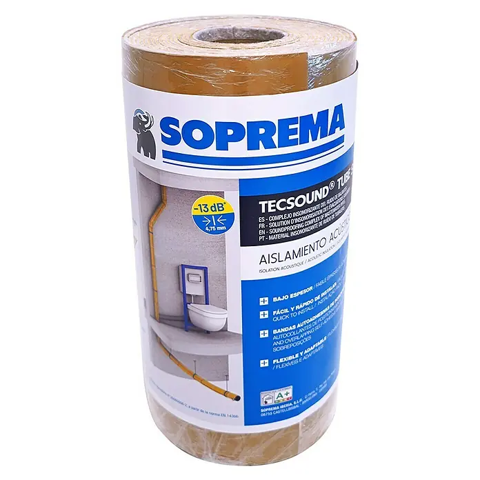 Soprema Cinta de insonorización Tecsound Tube S - 8 m x 40 cm x 4,75 mm, Poliéster - Insonorización SOPREMA TECSOUND Tube: Aislamiento acústico complejo para tuberías de bajo espesor, rápido de instalar y adaptable flexible.