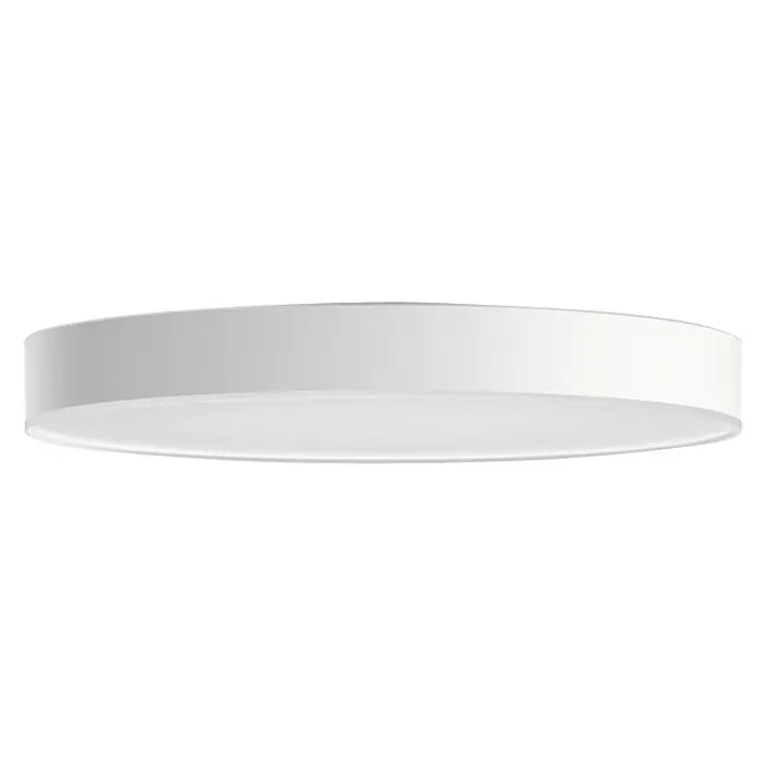 Philips Hue LED-Deckenleuchte rund White Ambience Enrave XL - 48 W, Ø x H: 55,1 x 8,4 cm, Weiß, Kaltweiß - Nahaufnahme einer runden, flachen, weißen LED-Deckenleuchte vor einem schwarzen Hintergrund.