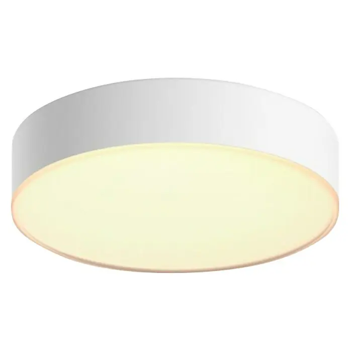 Philips Hue LED-Deckenleuchte rund - 9,6 W, Ø x H: 26,1 x 6,6 cm, Weiß, Kaltweiß - Nahaufnahme einer runden, weißen Deckenleuchte, die ein warmes, sanftes Licht abgibt und eine moderne Atmosphäre erzeugt.