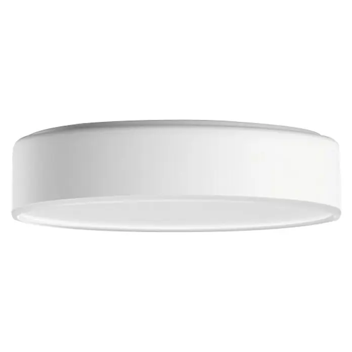 Philips Hue LED-Deckenleuchte rund - 9,6 W, Ø x H: 26,1 x 6,6 cm, Weiß, Kaltweiß - Nahaufnahme einer modernen, runden Deckenleuchte in Weiß mit schlichtem Design und sanfter Ausleuchtung.