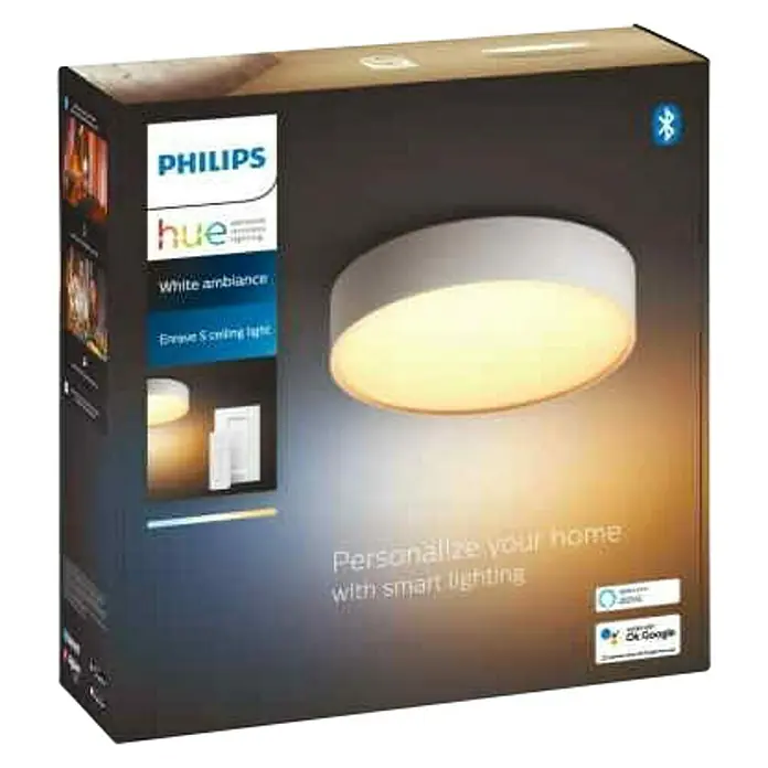 Philips Hue Plafón LED redondo Enrave - 9,6 W, Ø x Al: 26,1 x 6,6 cm, Blanco, Blanco, Blanco frío - Una lámpara de techo Philips Hue White Ambiance en su embalaje. Personaliza tu hogar con iluminación inteligente.