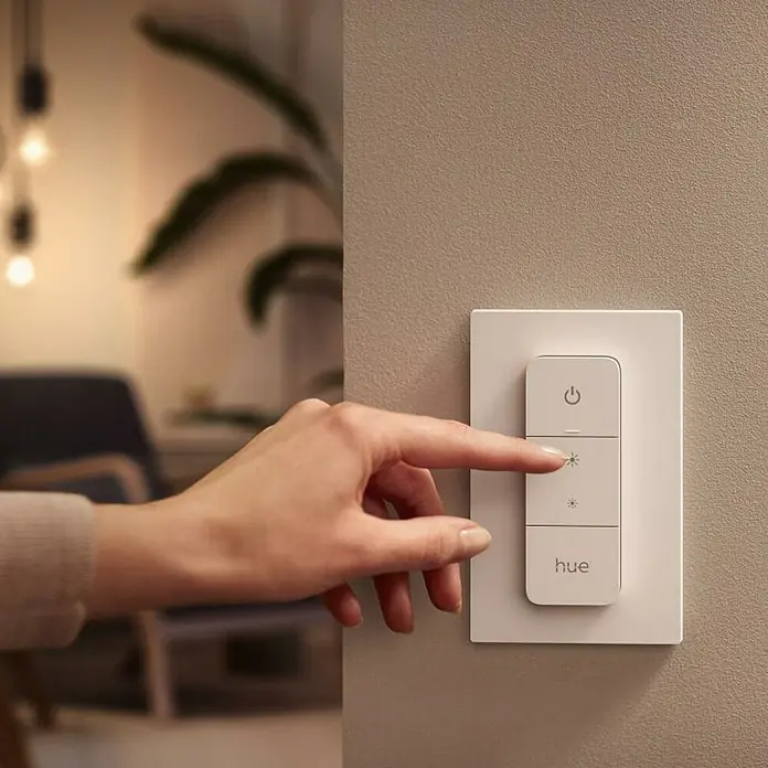 Philips Hue LED-Deckenleuchte rund - 9,6 W, Ø x H: 26,1 x 6,6 cm, Weiß, Kaltweiß - Nahaufnahme einer Hand, die einen weißen Philips Hue Dimmschalter an einer Wand bedient, um die Beleuchtung im Raum anzupassen.