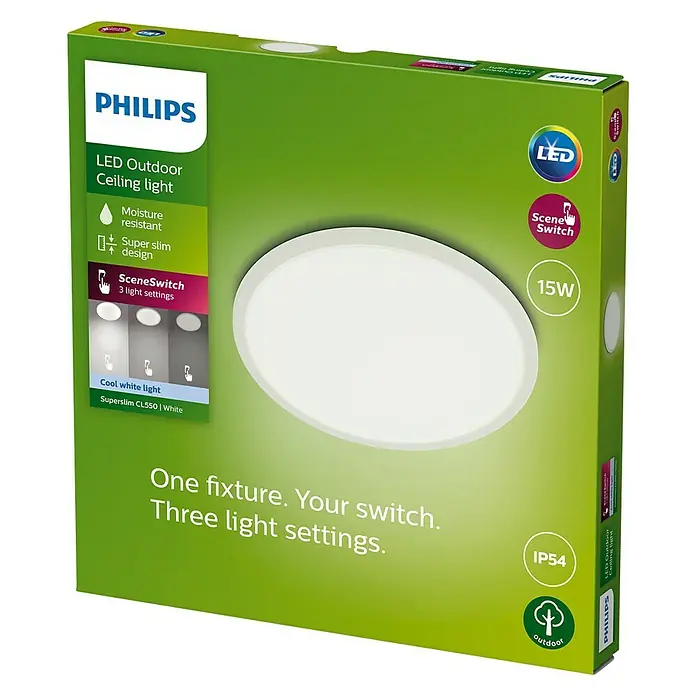Philips Plafón LED redondo SuperSlim - 15 W, Ø x Al: 25 x 2,8 cm, Blanco, Blanco, Blanco neutro - Embalaje de una lámpara de techo LED para exterior de Philips con resistencia a la humedad, diseño delgado y tres ajustes de luz.