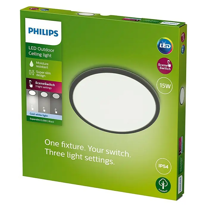 Philips Plafón LED redondo SuperSlim - 15 W, Ø x Al: 25 x 2,3 cm, Negro, Blanco, Blanco neutro - Imagen del embalaje de una lámpara de techo LED para exteriores Philips, que destaca su resistencia a la humedad y tres configuraciones de luz, con etiquetas del producto.