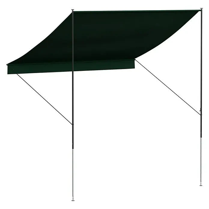Angerer Klemmmarkise Style - Grün, Breite: 2,5 m, Ausfall: 1,5 m - Eine dunkle, ausfahrbare Markise mit einem Metallgestell, das Schatten spendet und vor Sonne schützt. Ideal für Garten oder Terrasse.