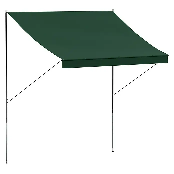 Angerer Klemmmarkise Style - Grün, Breite: 2,5 m, Ausfall: 1,5 m - Eine grüne Markise mit silbernen Stützen bietet Schatten und Schutz vor der Sonne. Die Markise ist einfach gehalten und funktional.