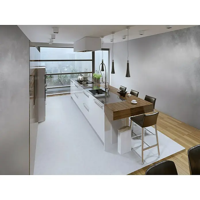 Osaka Yeso con efecto de color estuco Terciopelo Damasco - Plata, 2,5 l, Mate - Elegante isla de cocina con encimera de madera y taburetes de bar con diseño moderno. Ideal para cocinas y comedores con estilo.