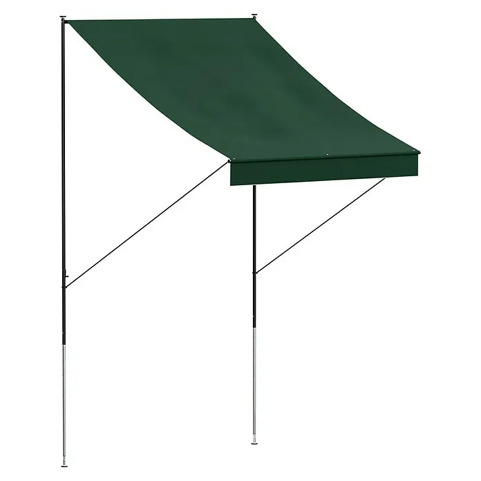 Angerer Klemmmarkise Style - Grün, Breite: 1,5 m, Ausfall: 1,5 m - Dieses Bild zeigt eine dunkelgrüne Markise mit silbernen Stützbeinen, die Schatten spendet und vor Sonne schützt. Ideal für den Außenbereich.