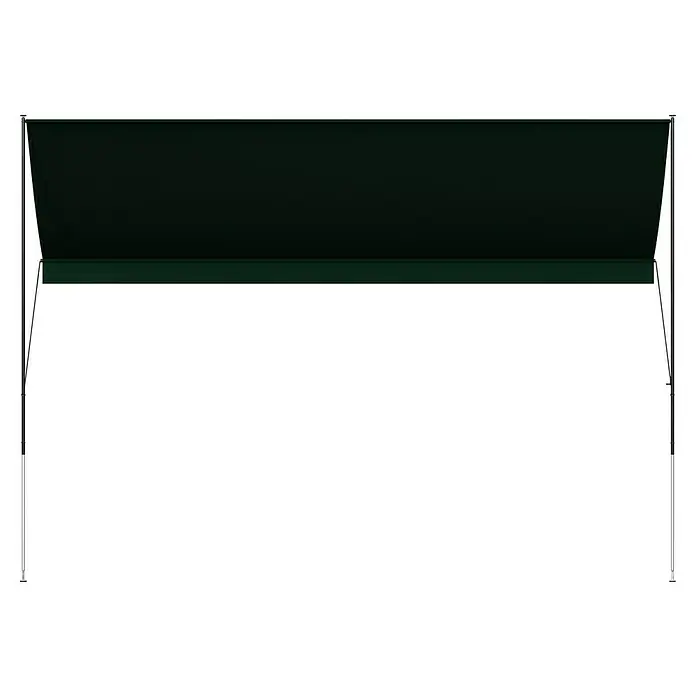 Angerer Klemmmarkise Style - Grün, Breite: 3,5 m, Ausfall: 1,5 m - Das Bild zeigt eine dunkelgrüne, ausfahrbare Markise mit silbernen Stützstangen vor einem schwarzen Hintergrund. Die Markise spendet Schatten.