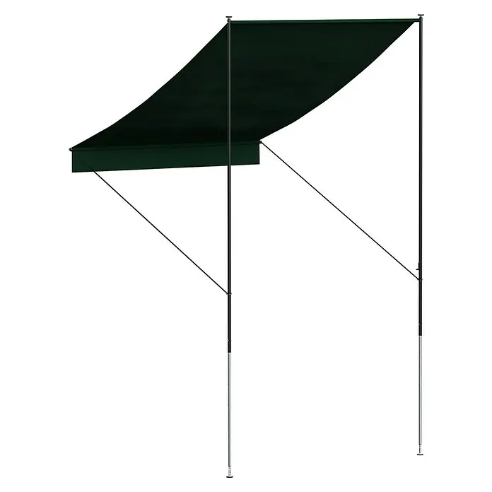 Angerer Klemmmarkise Style - Grün, Breite: 1,5 m, Ausfall: 1,5 m - Darstellung einer grünen Markise. Die Markise spendet Schatten und ist an einem stabilen Gestell befestigt, das für Schatten sorgt.