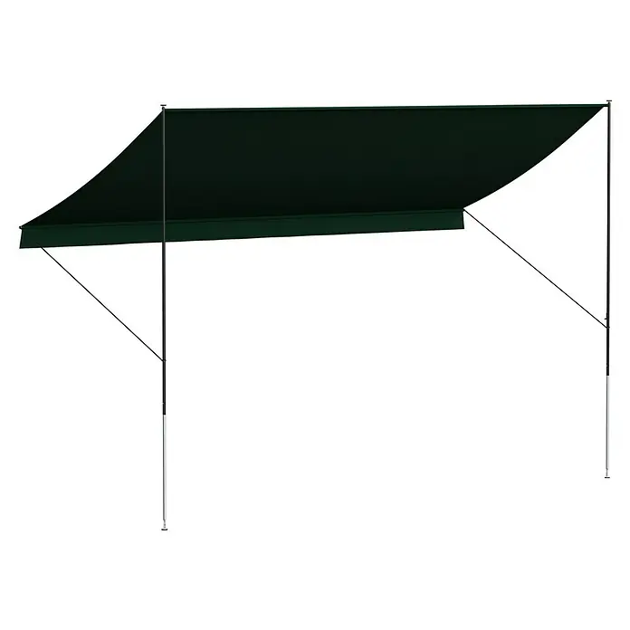 Angerer Klemmmarkise Style - Grün, Breite: 4 m, Ausfall: 1,5 m - Dunkelgrüne Markise mit stabilen, schwarzen Stützen. Ideal als Sonnenschutz für den Garten oder die Terrasse.