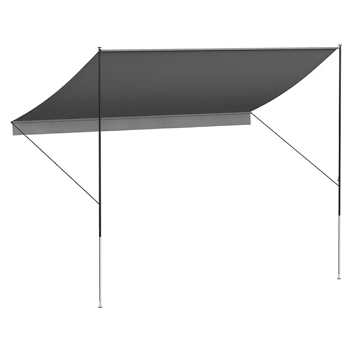 Angerer Klemmmarkise Style Granit - Hellgrau, Breite: 3,5 m, Ausfall: 1,5 m - Das Bild zeigt eine Markise mit einem grauen Stoffdach und einem stabilen Rahmen. Die Markise bietet Schatten und Schutz vor Sonne und Regen.
