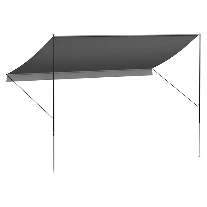 Angerer Klemmmarkise Style Granit - Hellgrau, Breite: 4 m, Ausfall: 1,5 m - Das Bild zeigt eine moderne Markise mit grauem Stoff und stabilen Metallstangen, die Schatten spendet und vor Sonne schützt.