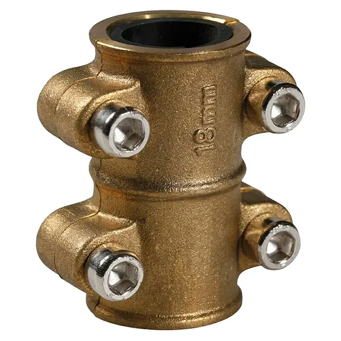 Abrazadera tapaporos - 18 mm, Apto para: Tubos de cobre - Conector de tubo de latón con cuatro tornillos hexagonales para conexiones seguras y confiables en sistemas de fontanería.