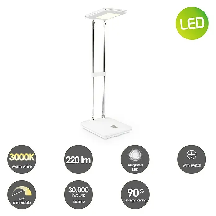 LED-Tischleuchte Check - 2,5 W, L x B x H: 10,5 x 10,5 x 31,5 cm, Weiß, Warmweiß - Produktbild einer weißen LED-Tischleuchte mit energiesparender Funktion, warmweißem Licht und integriertem Schalter.