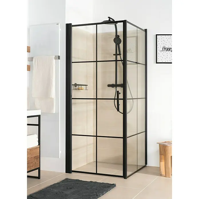 Camargue Göteborg Eckdusche G3+G7 - 90 x 90 x 202,2 cm, Beschichtet, Schwarz, Glasstärke: 6 mm - Elegante Duschkabine mit schwarzem Rahmen und klarem Glas. Das moderne Design wertet jedes Badezimmer auf und bietet eine stilvolle Dusche.