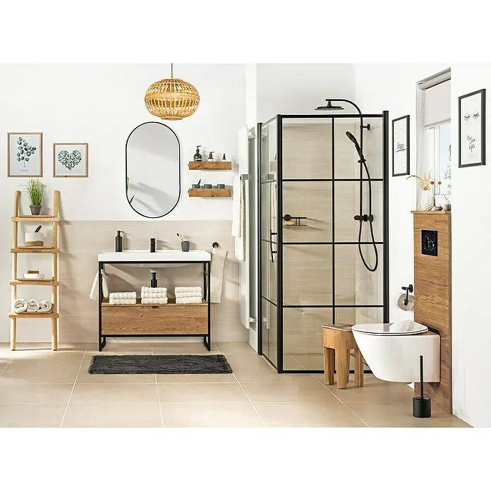 Geberit Betätigungsplatte Sigma 20 115.882.KM.1 - Schwarz Hochglanz, 2-Mengen-Spülung - Elegantes Badezimmerdesign mit ebenerdiger Dusche, Waschtisch mit Unterschrank und stilvoller Dekoration für ein modernes Ambiente.