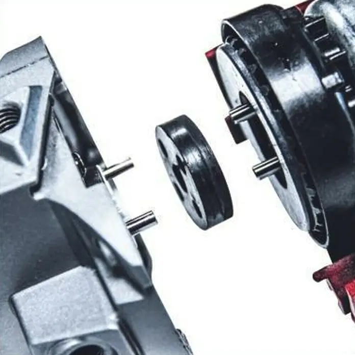 Einhell Amoladora angular de batería TE-AG 18/115 Li - 1 batería, 4 Ah, Diámetro disco: 115 mm - Vista explosionada de una máquina. Las piezas metálicas están flotando, dando una vista de la mecánica.
