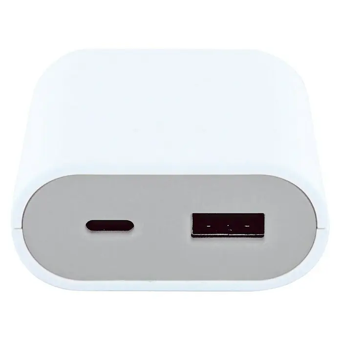 Schwaiger USB-Ladeadapter - Weiß/Grau, 2-fach, Kabellänge: 2,5 m - Nahaufnahme einer weißen Powerbank mit USB- und USB-C-Anschlüssen, ideal zum Aufladen von Geräten unterwegs.