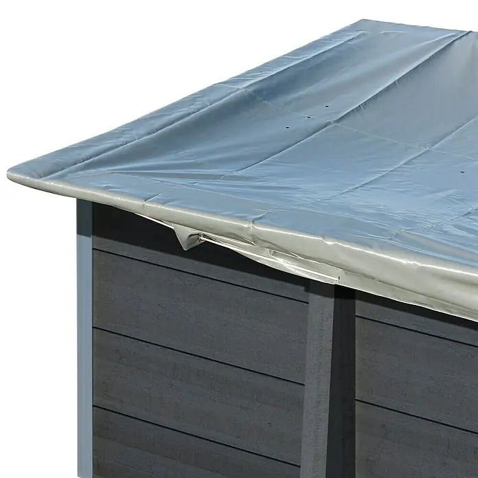 Gre Pool-Abdeckplane Winter - 580 g/m², L x B: 376 x 376 cm, Kunststoff - Nahaufnahme einer grauen Gartengerätebox mit wasserdichter Abdeckung, die Schutz vor Witterungseinflüssen bietet.