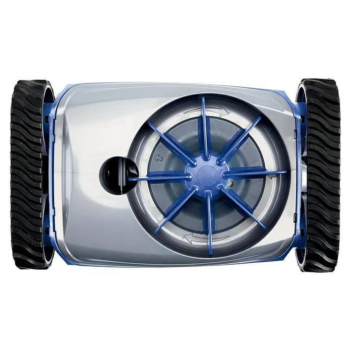 Zodiac Poolroboter MX6 - Hydraulisch, Passend für: Pools bis 10 x 5 m - Ansicht von oben eines Poolreinigungsroboters mit blauen Bürsten und schwarzen Rädern für die Poolreinigung.