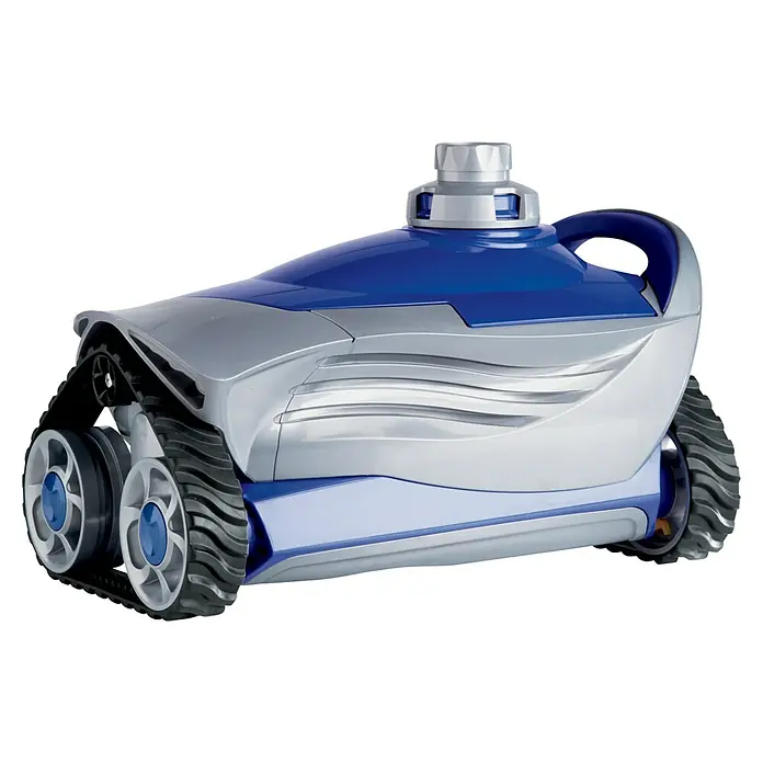 Zodiac Poolroboter MX6 - Hydraulisch, Passend für: Pools bis 10 x 5 m - Abbildung eines blauen und silbernen Poolreinigungsroboters auf schwarzem Hintergrund.