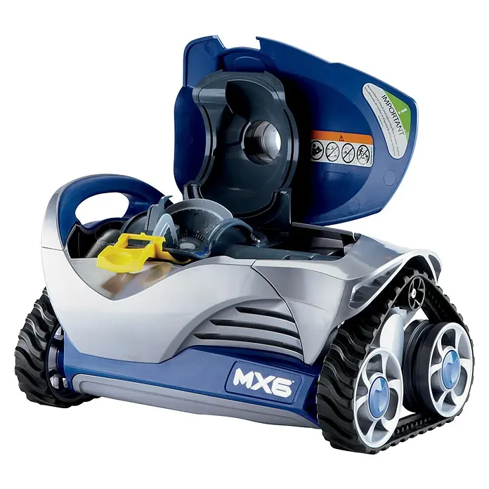 Zodiac Poolroboter MX6 - Hydraulisch, Passend für: Pools bis 10 x 5 m - Bild eines Poolreinigers MX6 mit offenem Deckel, der die innere Mechanik zeigt. Das Gerät hat Raupen für die Fortbewegung.