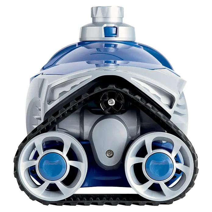 Zodiac Poolroboter MX6 - Hydraulisch, Passend für: Pools bis 10 x 5 m - Nahaufnahme eines blauen und silbernen Poolreinigungsroboters mit Raupenantrieb vor schwarzem Hintergrund.