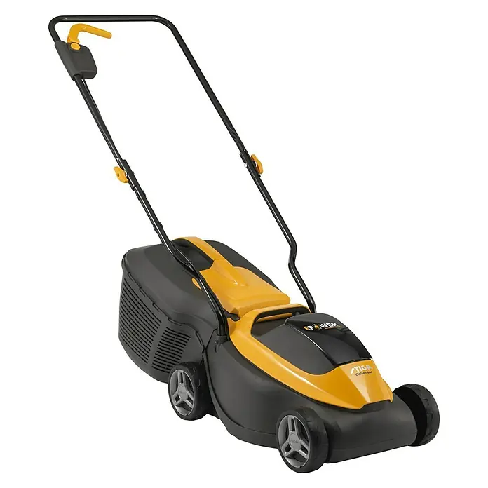 Stiga Akku-Rasenmäher Collector 132e - 1 Akku, 4 Ah, Schnittbreite: 30 cm - Ein akkubetriebener Rasenmäher in Schwarz und Gelb, ideal für die Gartenarbeit. Er ist leicht und einfach zu bedienen.