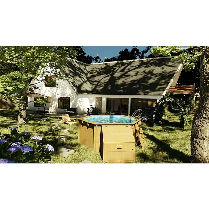 Gre Technikraum - L x B x H: 100 x 88 x 143 cm, Kiefernholz - Bild eines sechseckigen Holzpools im Garten eines Hauses, umgeben von Grün.