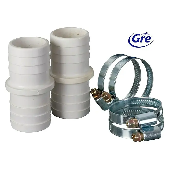 Gre Schlauchverbinder - 38 mm - Das Bild zeigt zwei Schlauchverbinder und zwei Schlauchschellen, die für die Verbindung von Schläuchen verwendet werden.