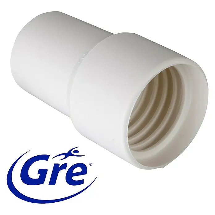 Gre Schlauchtülle38 mm - Nahaufnahme eines weißen PVC-Reduzierstücks mit Innengewinde für Poolzubehör, das für eine sichere und zuverlässige Verbindung sorgt.