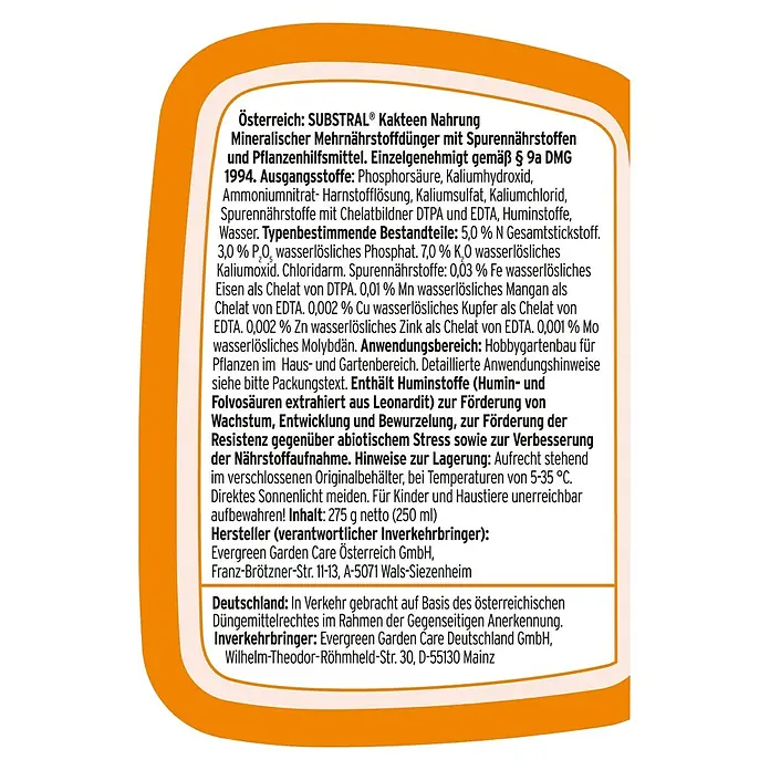 Substral Kakteendünger - 250 ml - Etikett von SUBSTRAL® Kakteen Nahrung, einem mineralischen Mehrnährstoffdünger mit Spurennährstoffen und Pflanzenhilfsmitteln.