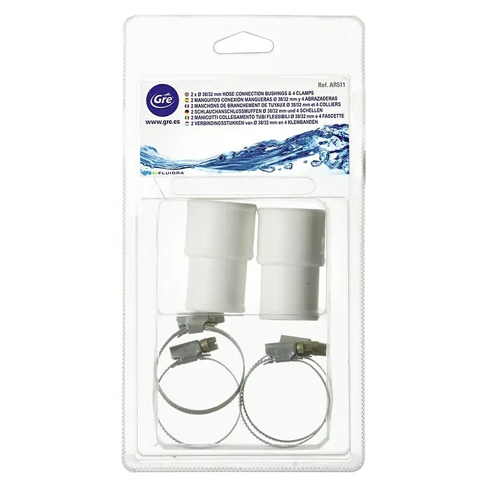 Gre Schlauchanschluss - Durchmesser: 32 mm - 38 mm - Schlauchverbinder-Set: 2x Ø 38/32 mm Verbinder mit 4 Klemmen für sichere Schlauchverbindungen.