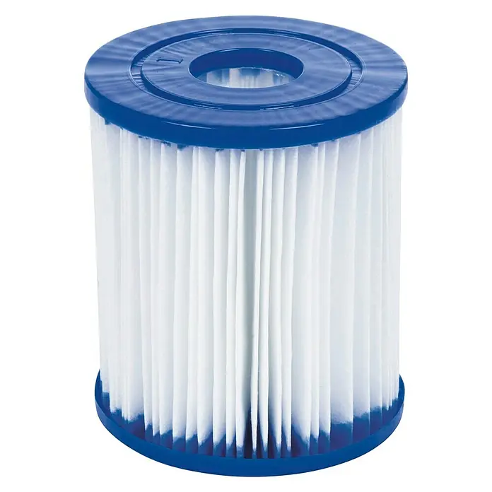 Bestway Frame-Pool Steel Pro Max - Ø x H: 366 x 76 cm, Lichtgrau, 6.473 l - Bild eines Poolfilterpatrone. Die Filterpatrone ist blau und weiß und wird verwendet, um das Wasser sauber zu halten.
