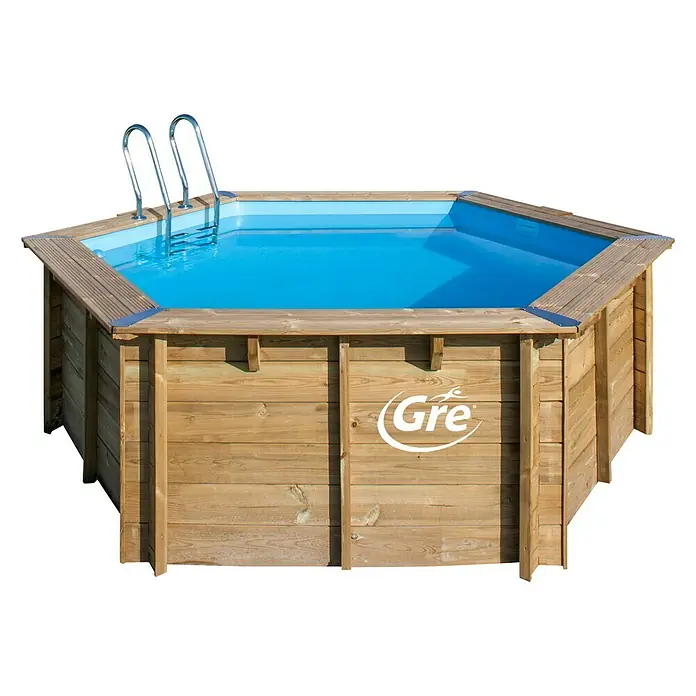 Gre Holz-Pool Vanille 2 - Ø x H: 400 x 119 cm, Braun, 8.000 l - Holzpool von Gre mit Leiter und blauem Wasser. Ideal für den Garten.