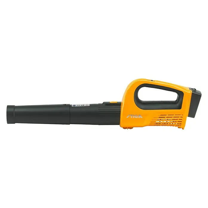 Stiga Akku-Laubbläser BL 100e Set - 20 V, 1 Akku, 4 Ah, Blasgeschwindigkeit: 115 km/h, Blasleistung: 9 m³/min - Eine orangefarbene STIGA Akku-Laubbläser, ideal für die Gartenarbeit und die mühelose Beseitigung von Laub und Schmutz.